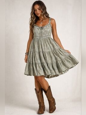 Young Threads Olive Mineral Wash Embroidered Boho Dress Size Large NWT